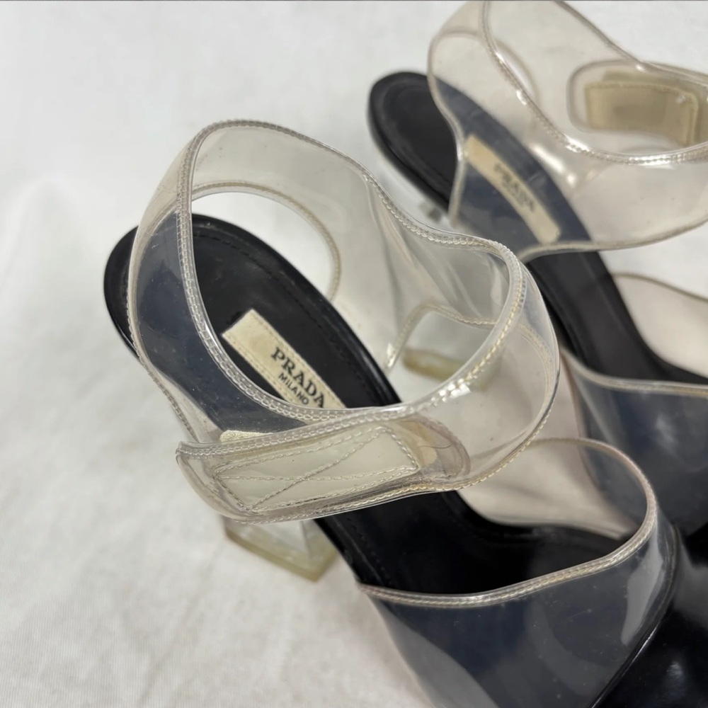 PRADA Lucite PVC Clear Black Block Heel Velcro Ankle Strap SS 2010 Runway 37.5 - Picture 12 of 14